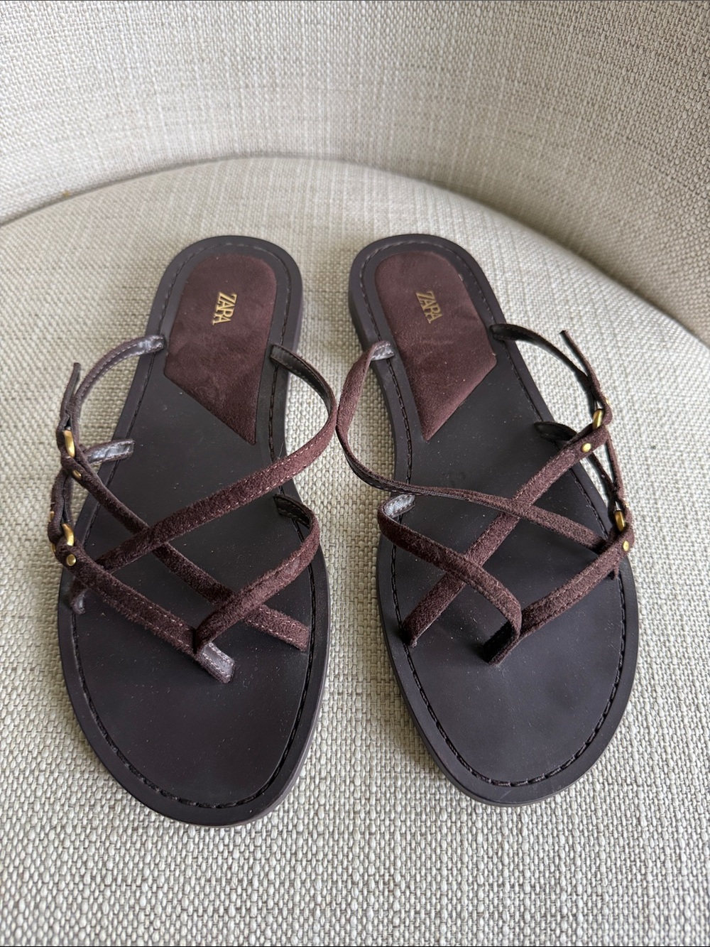 Zara Dark Brown Crisscross Suede Slide Sandals - Picture 3 of 6